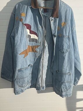 Vintage Sun Belt Denim Chore Jacket with Rustic Snowman Appliqués Oversized